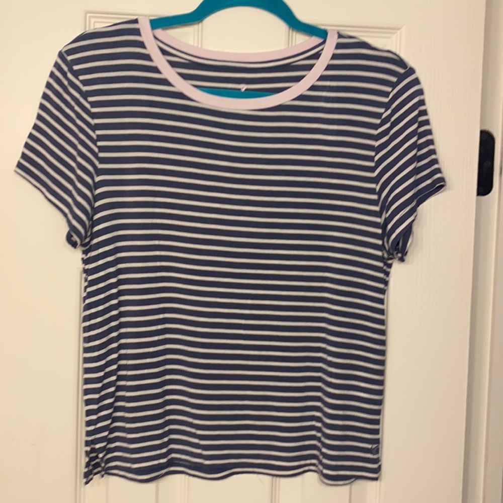 Pink, navy, white stripe crop tee